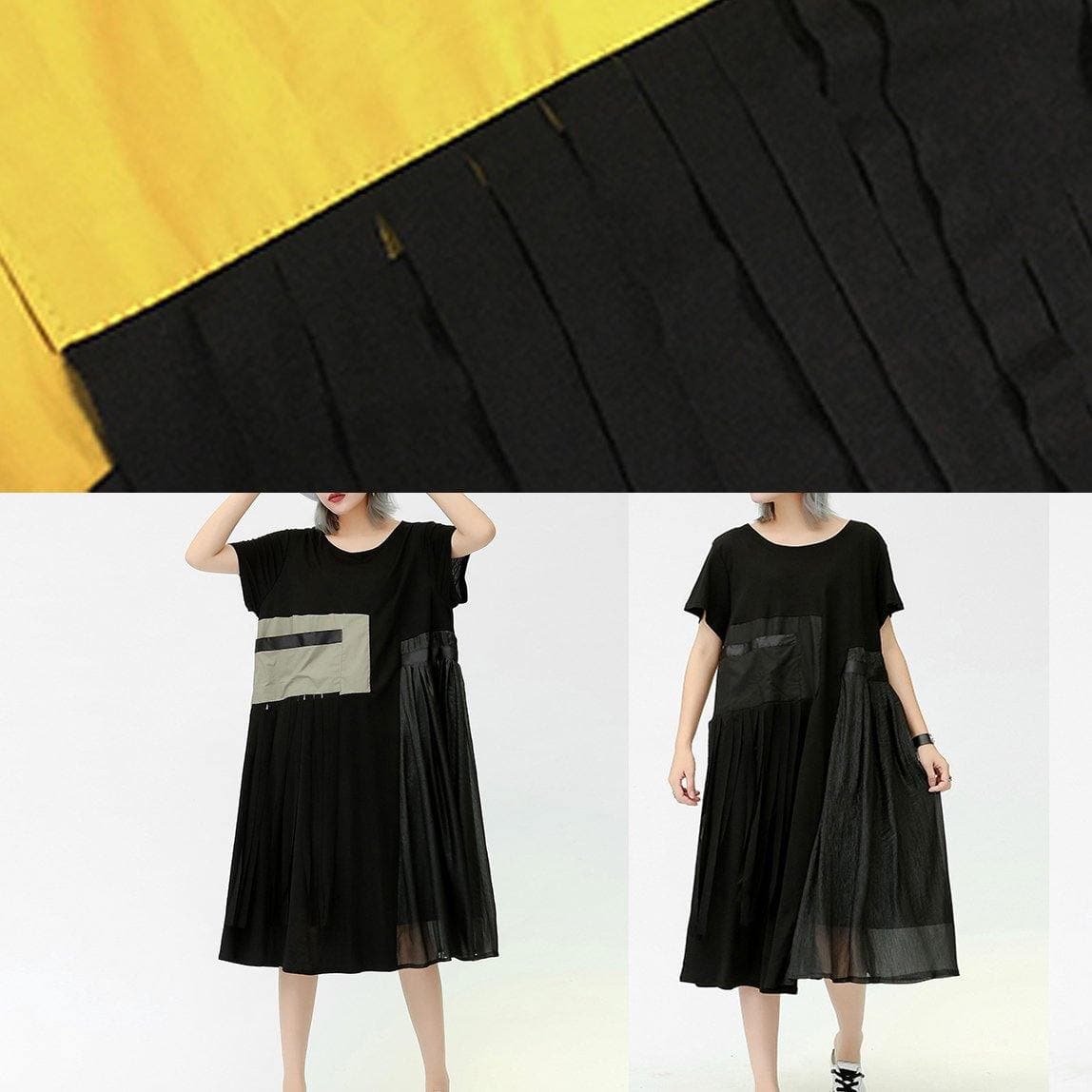 Modern o neck patchwork pockets cotton dresses black Dresses summer AT-SDL190614