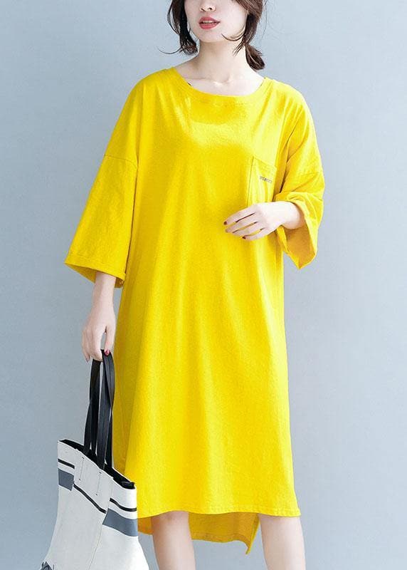 Modern yellow Cotton clothes For Women o neck half sleeve tunic Dress SDL200425