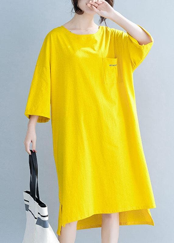 Modern yellow Cotton clothes For Women o neck half sleeve tunic Dress SDL200425