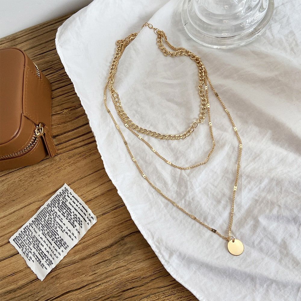 Multi-layer Necklaces Charm Jewelry SS1233 Golden Chain Rounded Pendent Touchy Style