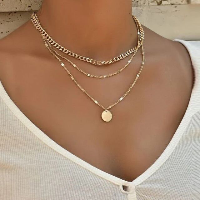 Multi-layer Necklaces Charm Jewelry SS1233 Golden Chain Rounded Pendent Touchy Style