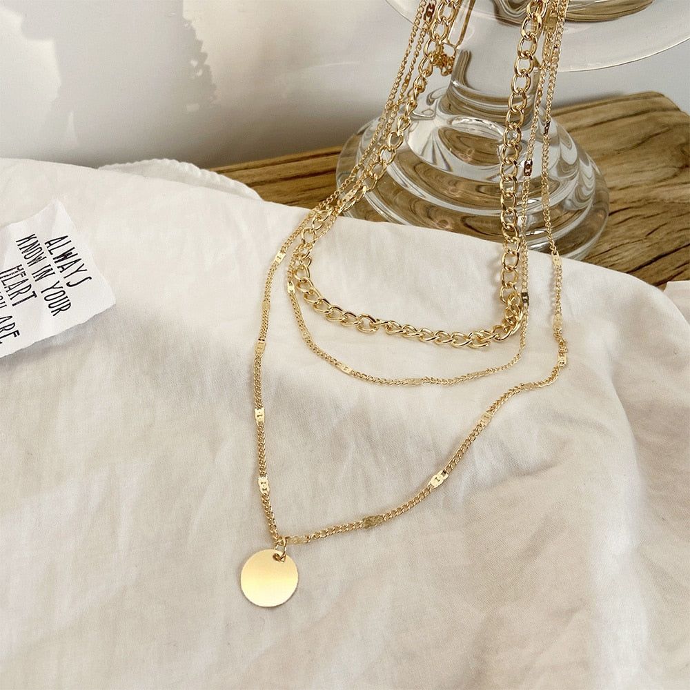 Multi-layer Necklaces Charm Jewelry SS1233 Golden Chain Rounded Pendent Touchy Style