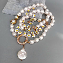 Multilayer Necklaces Charm Jewelry NCJYS46 Enamel Flower Chain and Baroque Pearl Touchy Style