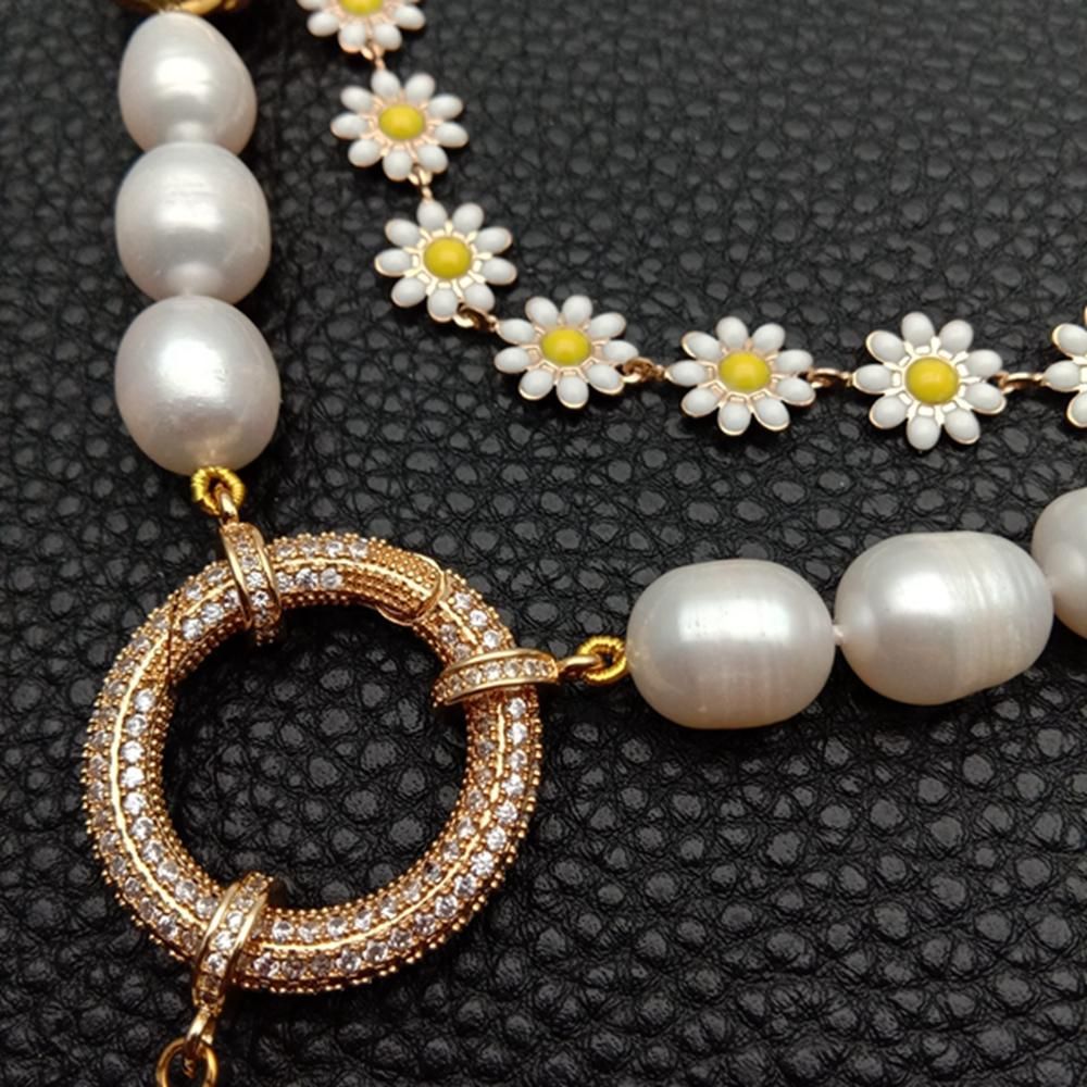 Multilayer Necklaces Charm Jewelry NCJYS46 Enamel Flower Chain and Baroque Pearl Touchy Style