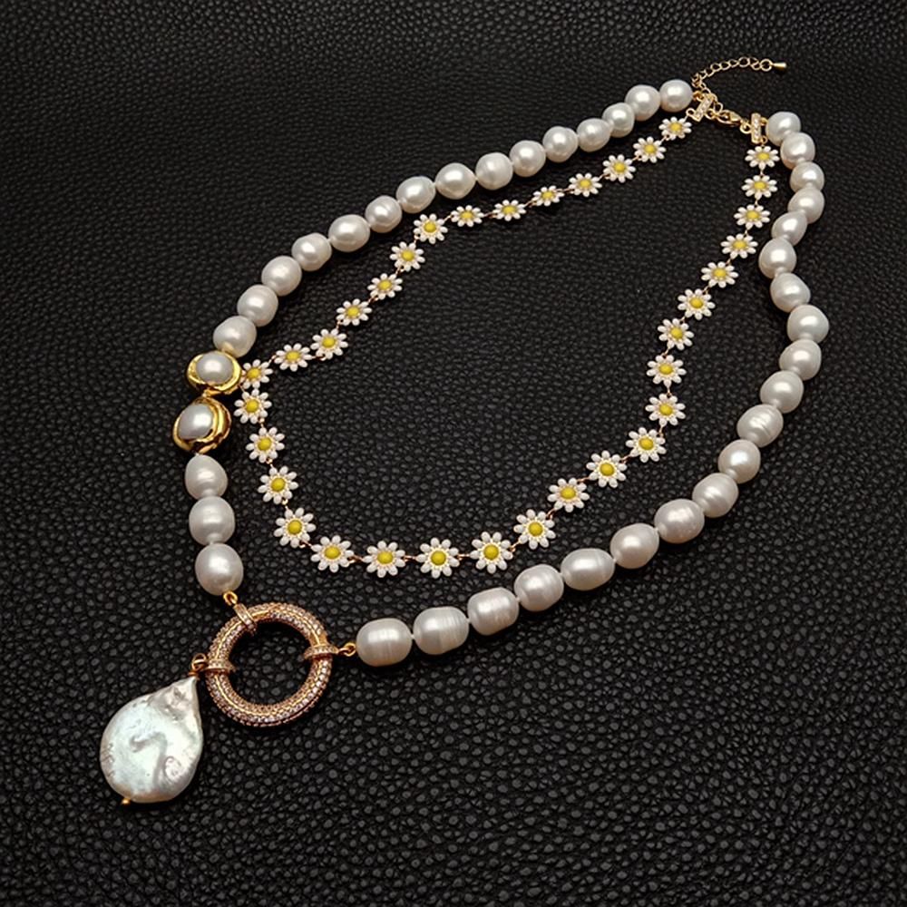 Multilayer Necklaces Charm Jewelry NCJYS46 Enamel Flower Chain and Baroque Pearl Touchy Style