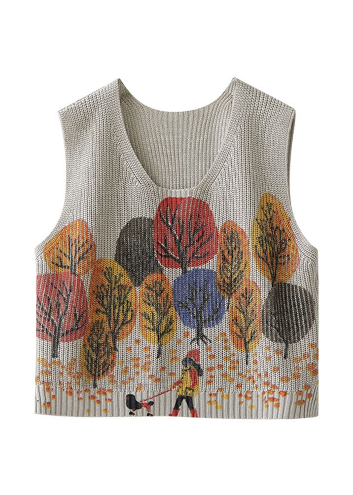 Natural Beige Print Knit Casual Vest Sleeveless GK-VTP220111