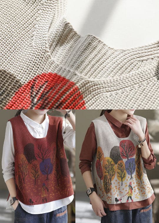 Natural Beige Print Knit Casual Vest Sleeveless GK-VTP220111