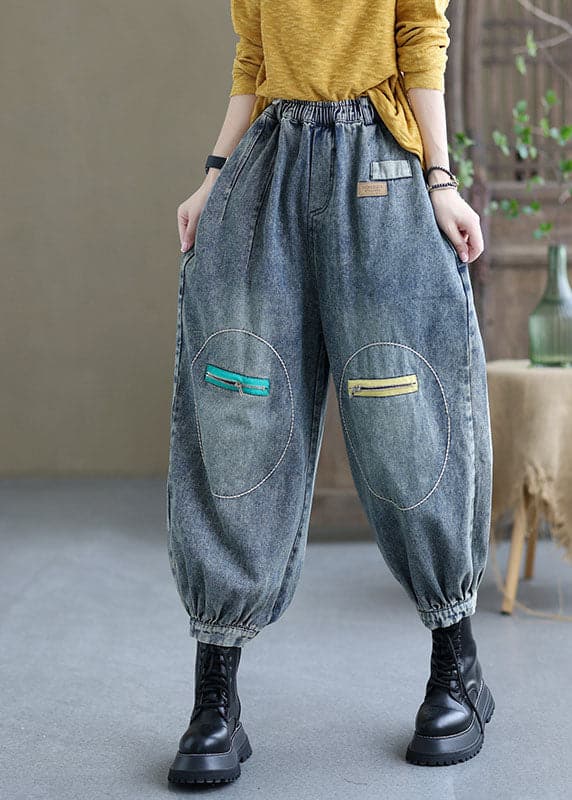 Natural Black Casual Elastic Waist Pockets Fall Denim Pants GK-LPTS210910