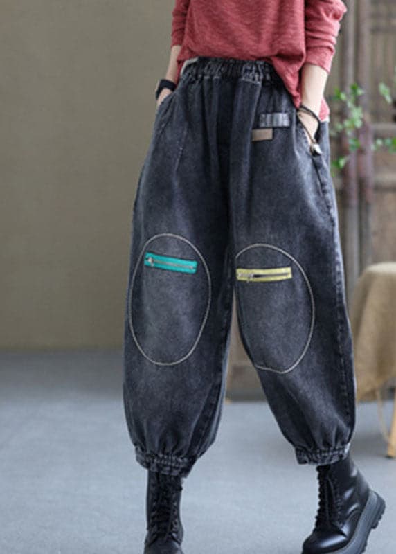 Natural Black Casual Elastic Waist Pockets Fall Denim Pants GK-LPTS210910