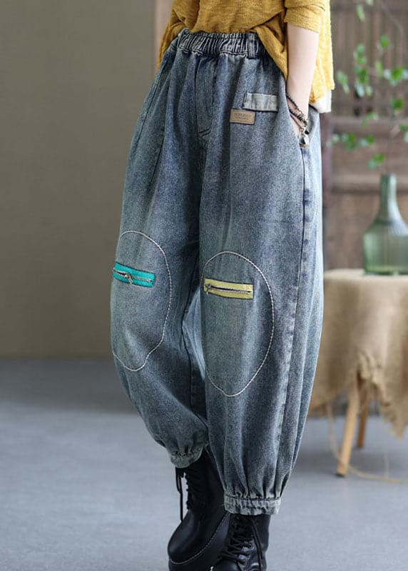 Natural Black Casual Elastic Waist Pockets Fall Denim Pants GK-LPTS210910