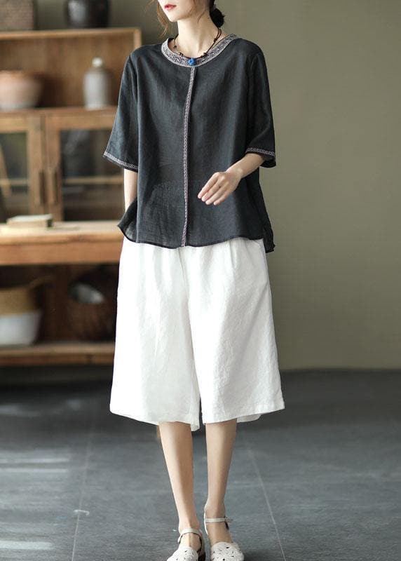 Natural Black O-Neck Embroideried Summer Ramie Blouses Half Sleeve GK-HTP210720