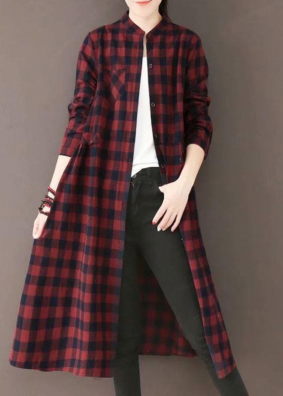 Natural Burgundy Plaid Quilting Dresses Stand Collar Pockets Long Spring Dresses TCT210101