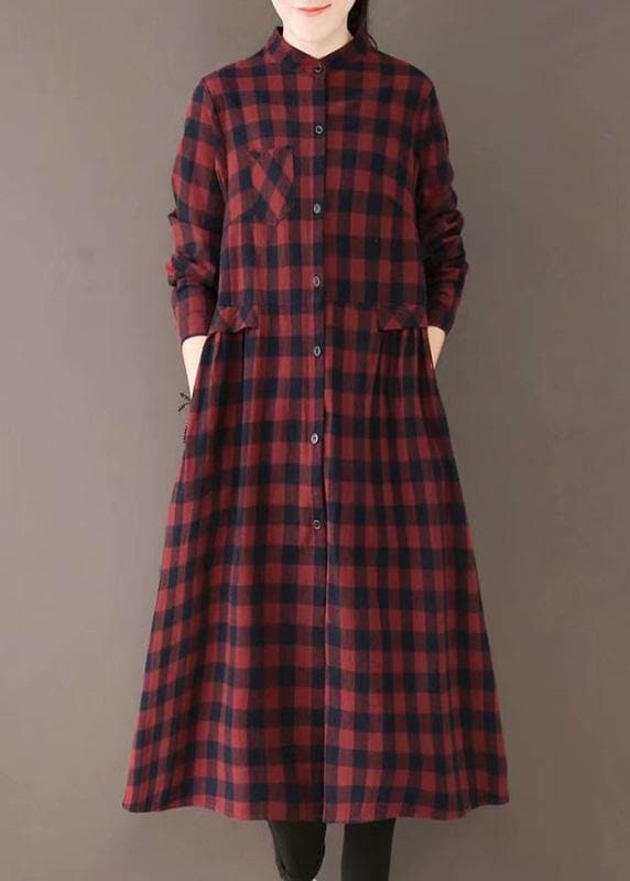 Natural Burgundy Plaid Quilting Dresses Stand Collar Pockets Long Spring Dresses TCT210101