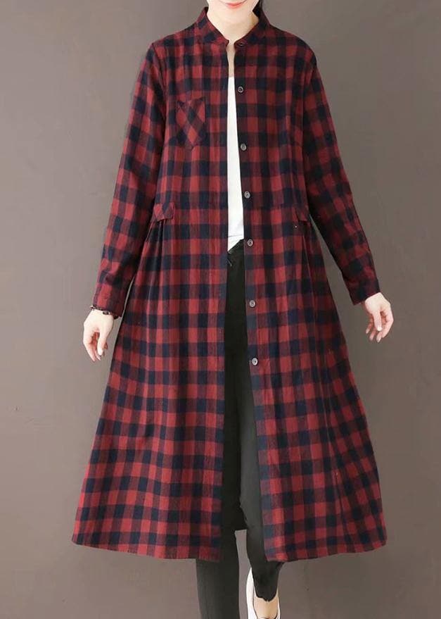 Natural Burgundy Plaid Quilting Dresses Stand Collar Pockets Long Spring Dresses TCT210101