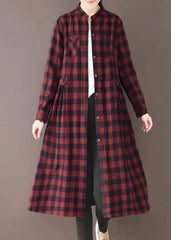 Natural Burgundy Plaid Quilting Dresses Stand Collar Pockets Long Spring Dresses TCT210101