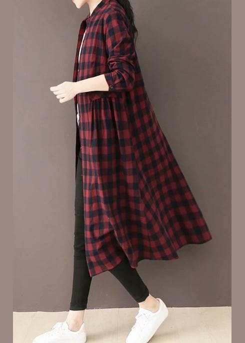 Natural Burgundy Plaid Quilting Dresses Stand Collar Pockets Long Spring Dresses TCT210101