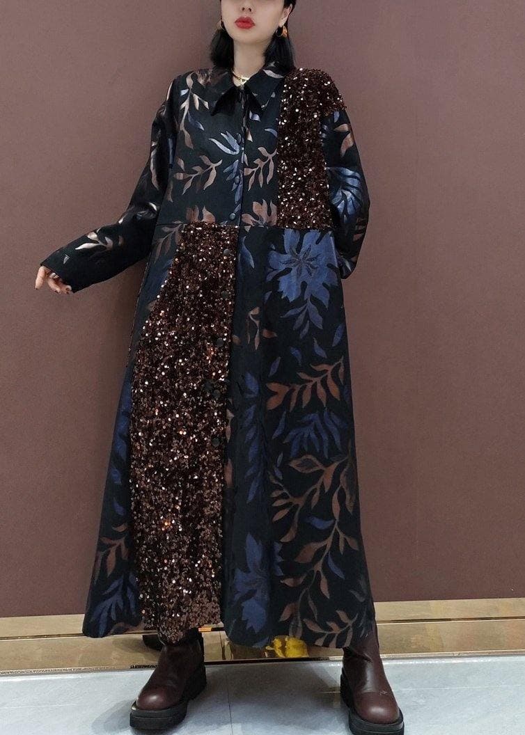 Natural Lapel Patchwork Spring Clothes Fashion Ideas Black Sequined Maxi Dress TCT21020301