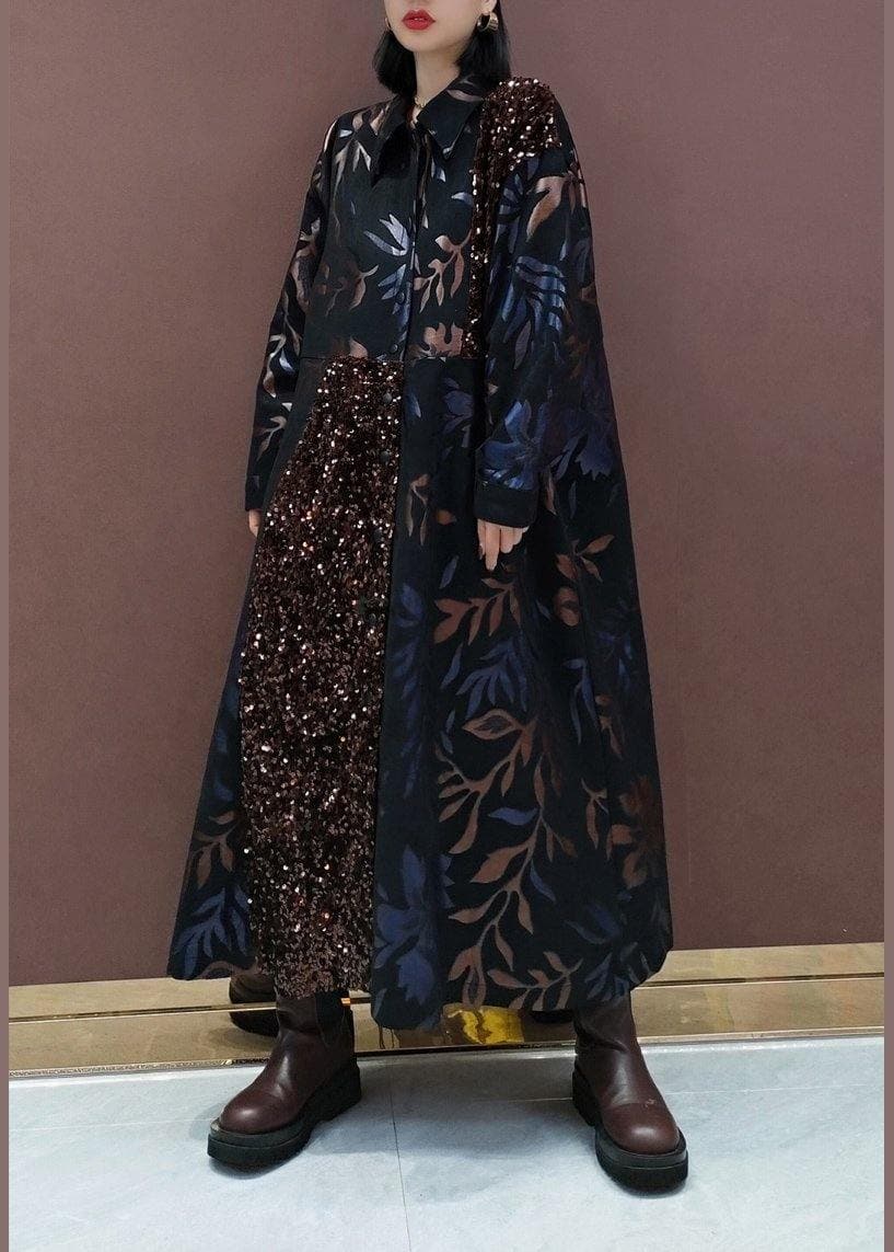 Natural Lapel Patchwork Spring Clothes Fashion Ideas Black Sequined Maxi Dress TCT21020301