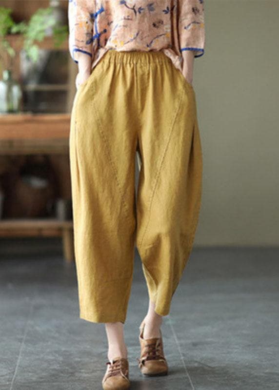 Natural Yellow Elastic Waist Summer Linen Harem Pants GK-LPTS210708