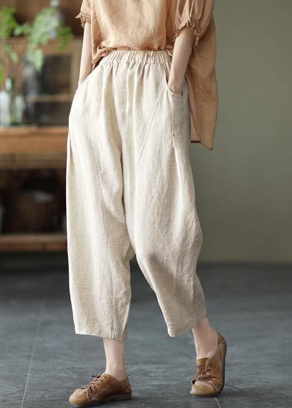 Natural Yellow Elastic Waist Summer Linen Harem Pants GK-LPTS210708