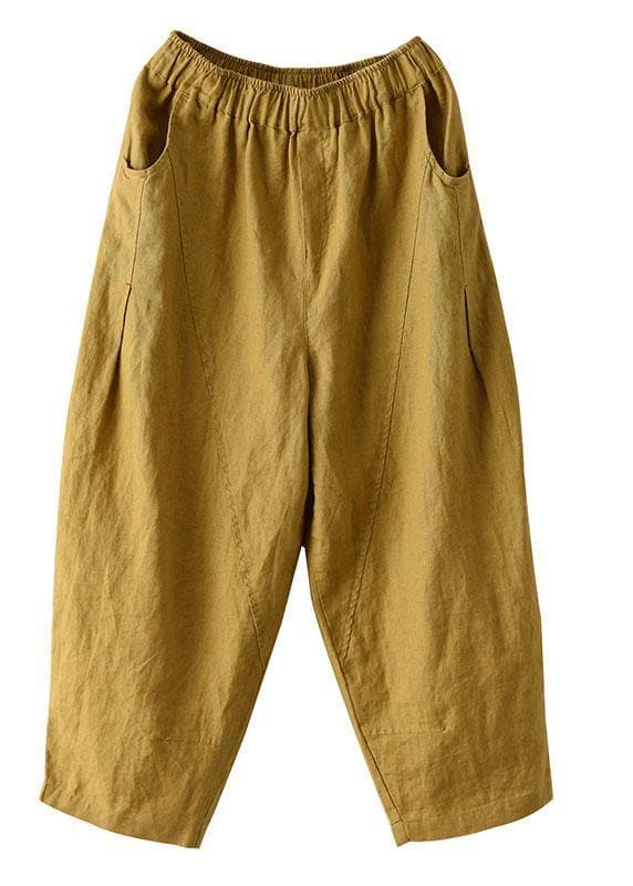 Natural Yellow Elastic Waist Summer Linen Harem Pants GK-LPTS210708