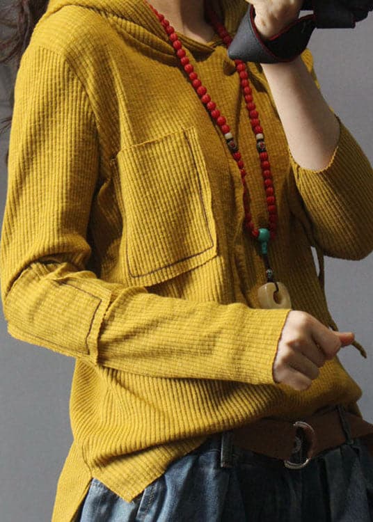 Natural Yellow hooded Casual Knit Fall Long sleeve Top GK-LTP211019