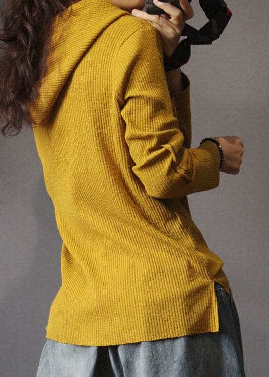 Natural Yellow hooded Casual Knit Fall Long sleeve Top GK-LTP211019