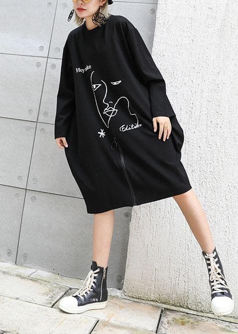 Natural black prints Cotton tunic dress zippered Dresses fall Dresses AT-FDM190903