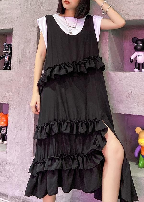 Natural black sleeveless cotton quilting dresses ruffles Art summer side open Dress AT-SDL200617