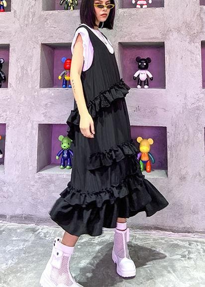 Natural black sleeveless cotton quilting dresses ruffles Art summer side open Dress AT-SDL200617