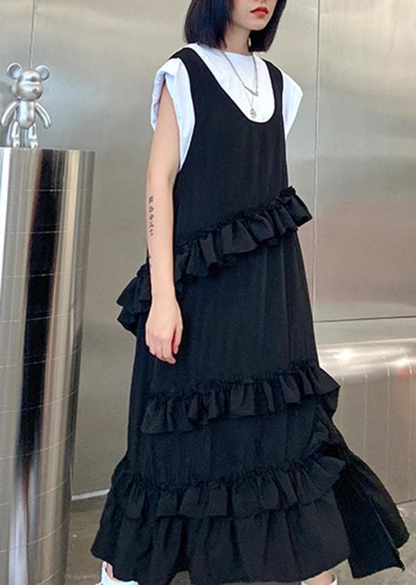 Natural black sleeveless cotton quilting dresses ruffles Art summer side open Dress AT-SDL200617