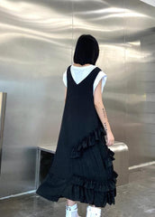 Natural black sleeveless cotton quilting dresses ruffles Art summer side open Dress AT-SDL200617