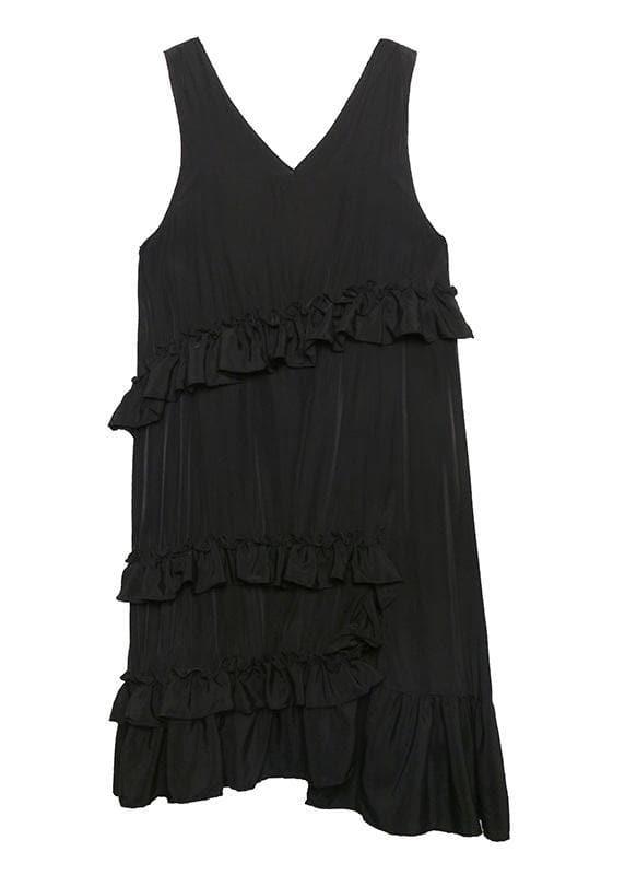 Natural black sleeveless cotton quilting dresses ruffles Art summer side open Dress AT-SDL200617