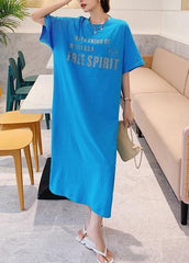 Natural blue Letter clothes Women o neck side open long Dress AT-SDL200707