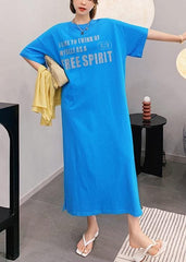 Natural blue Letter clothes Women o neck side open long Dress AT-SDL200707