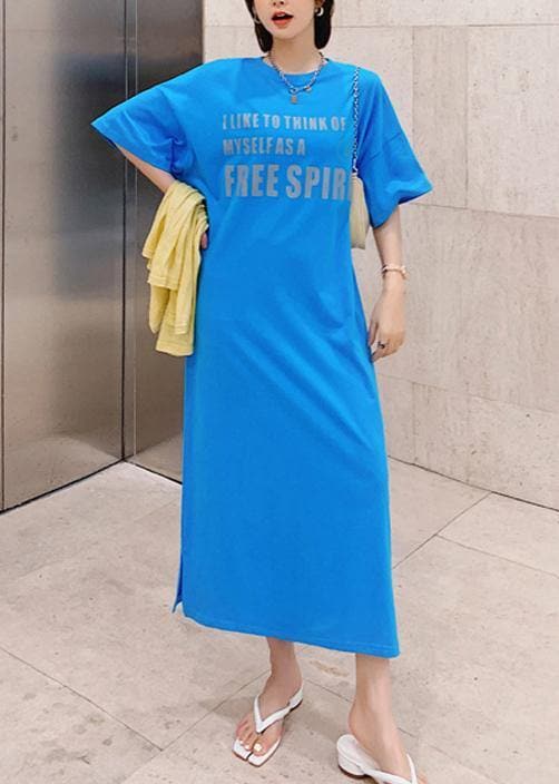 Natural blue Letter clothes Women o neck side open long Dress AT-SDL200707