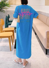 Natural blue Letter clothes Women o neck side open long Dress AT-SDL200707