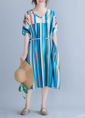 Natural blue striped chiffon dress long plus size Online Shopping v neck patchwork Summer Dress SDM200325