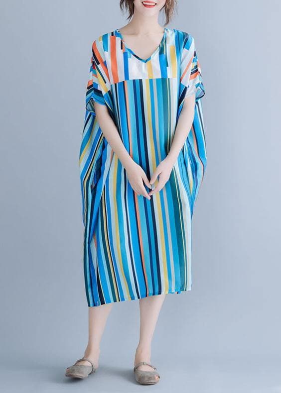 Natural blue striped chiffon dress long plus size Online Shopping v neck patchwork Summer Dress SDM200325