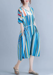 Natural blue striped chiffon dress long plus size Online Shopping v neck patchwork Summer Dress SDM200325