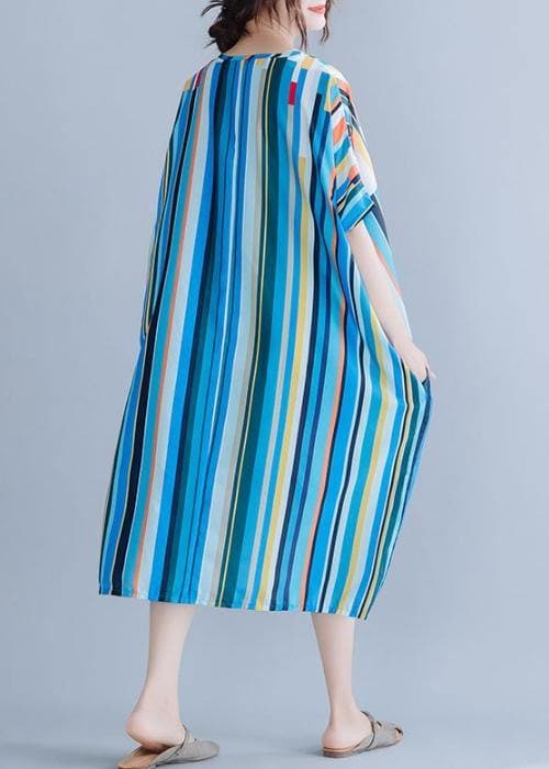 Natural blue striped chiffon dress long plus size Online Shopping v neck patchwork Summer Dress SDM200325