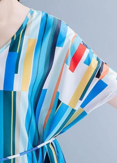 Natural blue striped chiffon dress long plus size Online Shopping v neck patchwork Summer Dress SDM200325