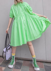 Natural green Cotton quilting clothes Cinched Midi summer shirt Dresses AT-SDM190717