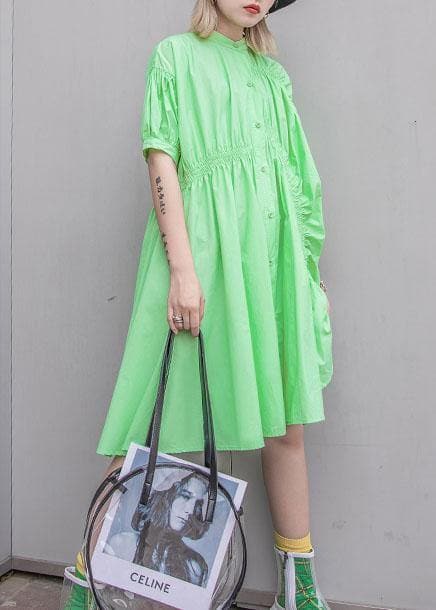 Natural green Cotton quilting clothes Cinched Midi summer shirt Dresses AT-SDM190717