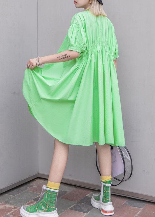 Natural green Cotton quilting clothes Cinched Midi summer shirt Dresses AT-SDM190717