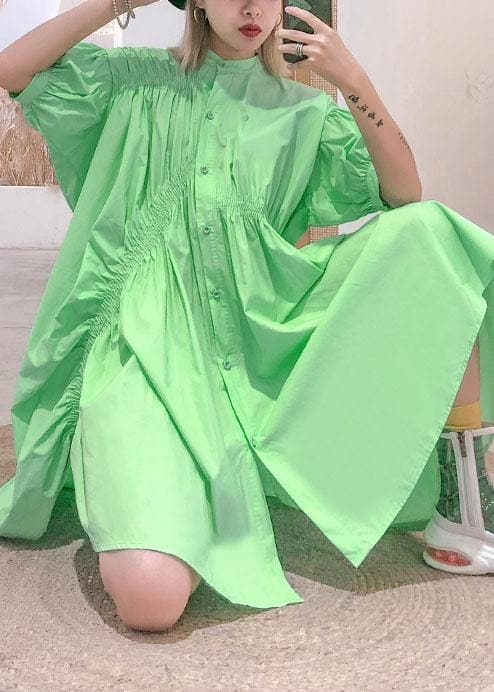 Natural green Cotton quilting clothes Cinched Midi summer shirt Dresses AT-SDM190717