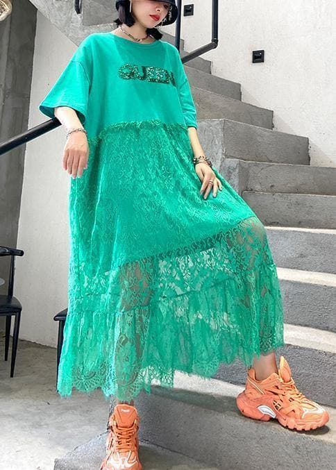 Natural green cotton clothes Women o neck patchwork lace Maxi Dresses AT-SDL200623