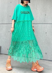 Natural green cotton clothes Women o neck patchwork lace Maxi Dresses AT-SDL200623