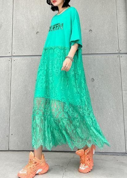 Natural green cotton clothes Women o neck patchwork lace Maxi Dresses AT-SDL200623