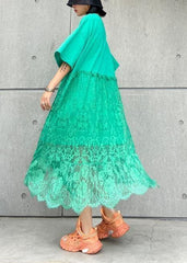 Natural green cotton clothes Women o neck patchwork lace Maxi Dresses AT-SDL200623